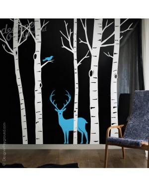 Birch Trees with Deer and Bird