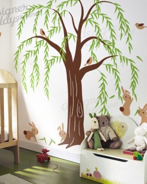 Willow Tree with Rabbits and Birds