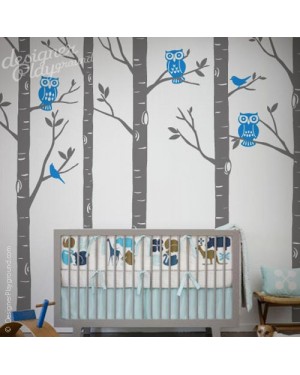 Birch Forest with Owls and Birds