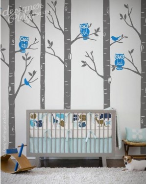 Birch Forest with Owls and Birds
